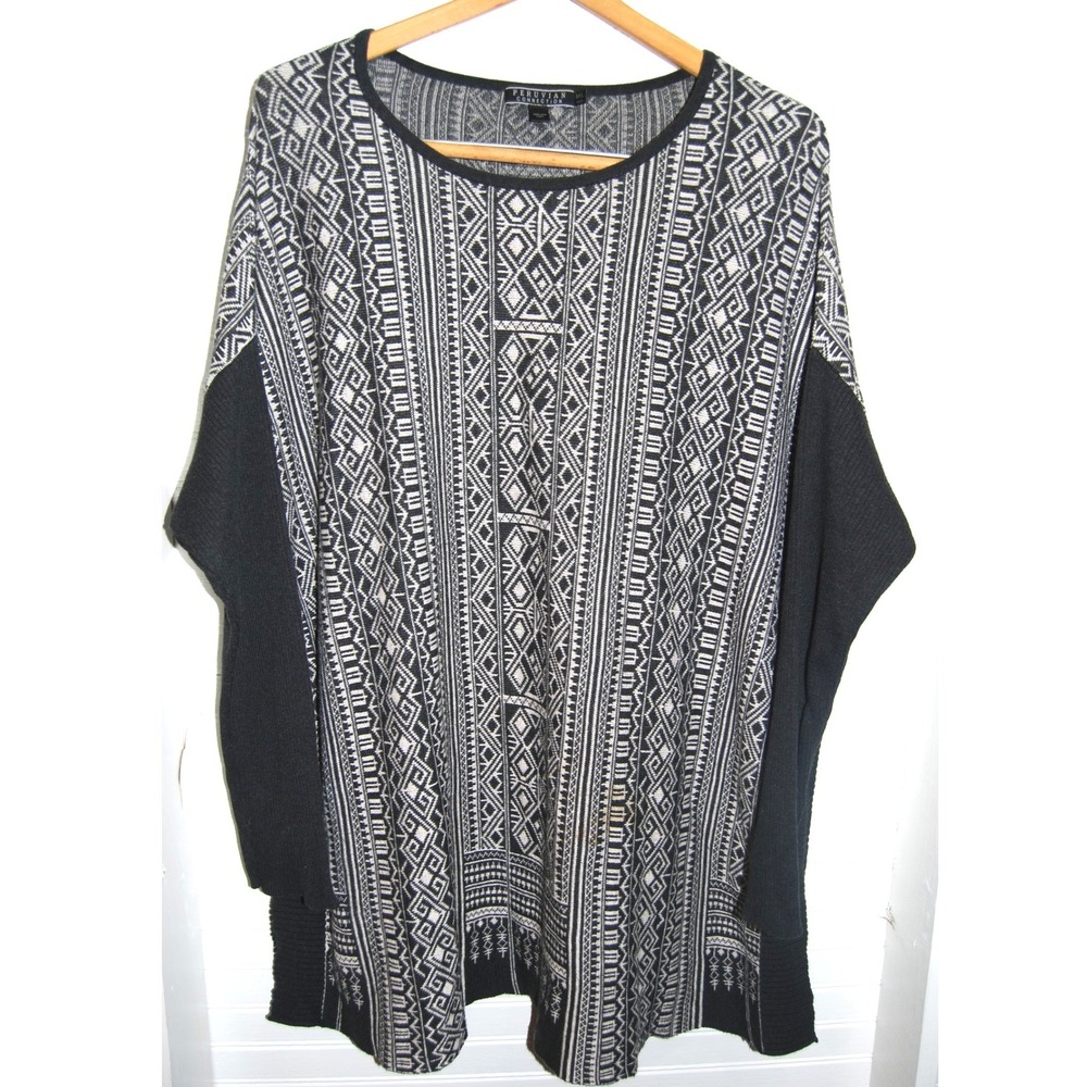Peruvian Connection sweater size M/L Black & White knit long-sleeve open sides‎